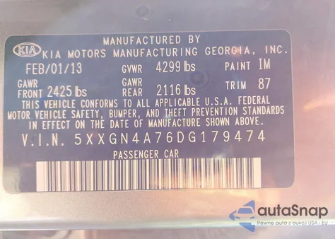 2013 Kia Optima Ex z USA, uszkodzony, nr VIN 5XXGN4A76DG179474